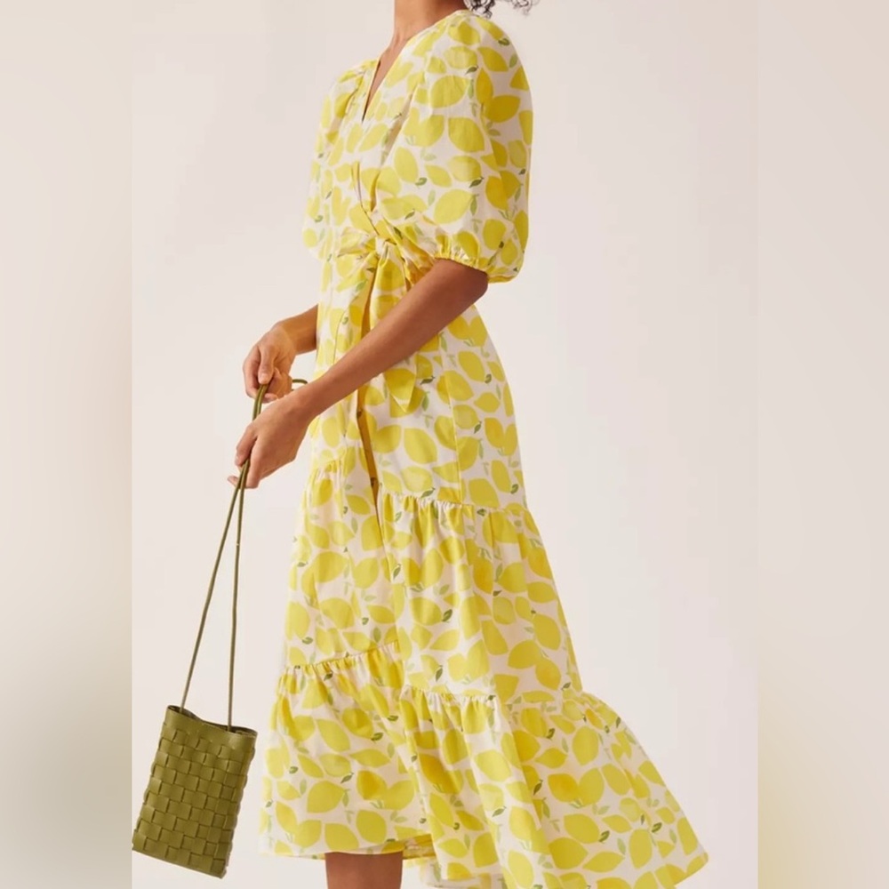Anthropologie Hutch Lemon Print Wrap Midi Dress, NEW - Picture 9 of 14